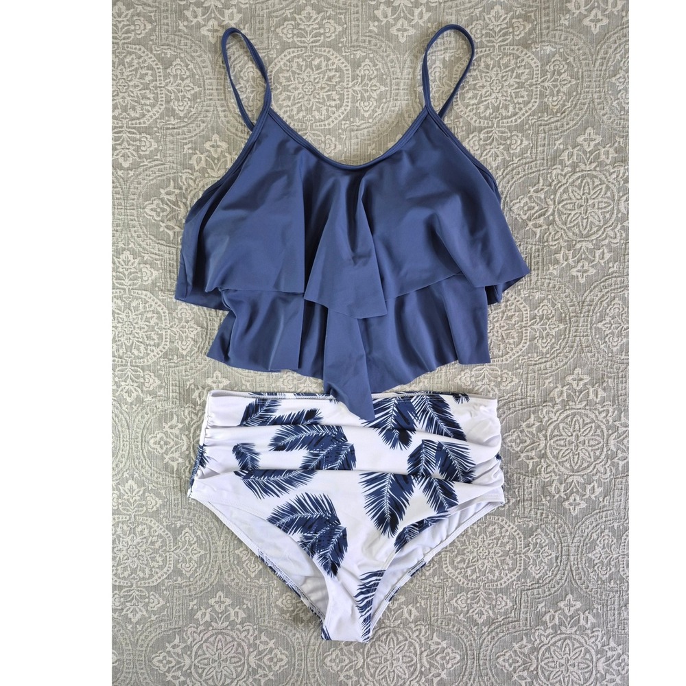 Adisputent‎ Blue Ruffle Tankini Palm Leaf High Waist Swimsuit Set XL New